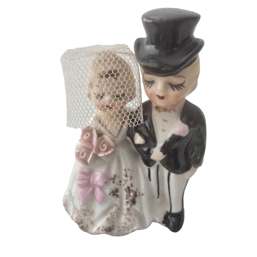 Vintage Norcrest Japan Bride & Groom Figurine Tulle Veil Pink Roses F372
